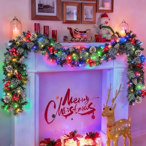 TURNMEON 9 Ft Prelit Artificial Christmas Garland Decor Timer 50 Lights 8 Modes Berry Snowy Bristle Pinecone Battery Operated Xmas Christmas Decoration Mantle Fireplace Home Indoor Outdoor - Image 2