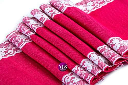 VDS Pack of 15, Burlap Table Runner with White Lace Edge, 100% Natural Jute Rustic Hessian Table Cloth Centerpiece for Wedding Birthday Party Banquet Table Decoration (Size 12X108 Inch)(Magenta) - Image 2