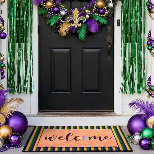 2 Pcs Mardi Gras Welcome Doormat, Welcome Mardi Gras Masks Mat, Carnival Fleur De Lis Non Slip Coir Mat Floor Striped Layering Doormats Seasonal for Front Porch Entryway Decor 24" x 32" - Image 5