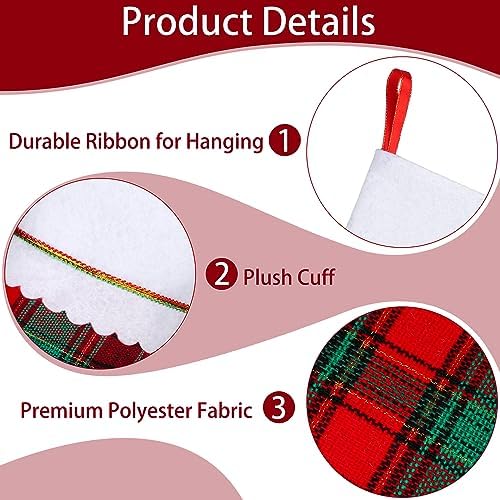 Fovths 24 Pack 18 Inch Red Green Buffalo Plaid Christmas Felt Stockings with White Plush Trim Large Red Buffalo Plaid Fireplace Hanging Stockings for Family Holiday Decoration Christmas Party Favors - Image 3