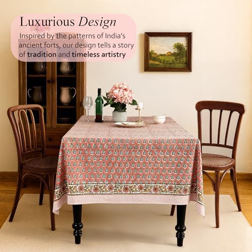 CPC Tablecloth 100% Cotton 60x90 Inch Indian Block Print Rectangle Table Cover, Washable Table Cloth for Weddings, Spring/Summer, Barbeque - Poppy Pink - Image 2