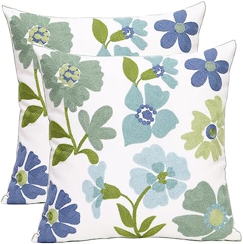 Pack of 2 Embroidered Decorative Throw Pillow Cover 18x18 Inch Farmhouse Floral Pillowcase for Living Room Sofa Bed (Grass Flower) by Pilmandu