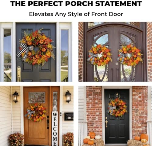 24" Fall Maple Leaf Wreath for Front Door with Buffalo Check Bow - Rustic Autumn Harvest Wreath with Orange Pumpkins, Pinecones and Berries - Farmhouse Thanksgiving Halloween Outdoor Decor - Image 3
