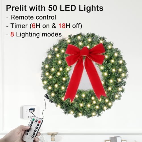 24in Pre Lit Christmas Wreath with Lights & Timer & Remote - 50 LEDs, 8 Lighting Modes -Lighted Christmas Wreath for Front Door with Hanger & Red Bow for Christmas Decorations - Image 2