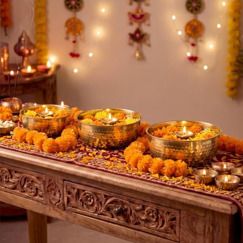 7 Pcs Diwali Decorations for Home with 3 Urli Bowls, 4 Marigold Garlands - Image 5