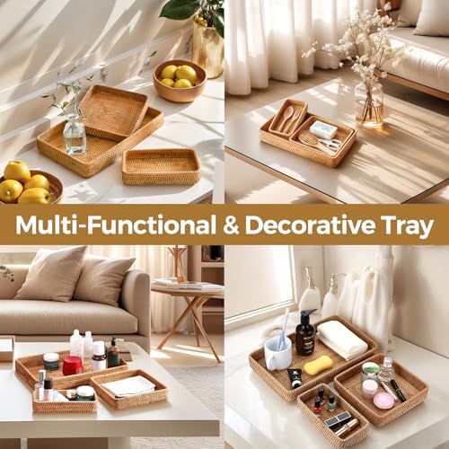 Rattan Serving Tray, Including 3 Sizes of Woven Rectangle Basket Trays - Image 4
