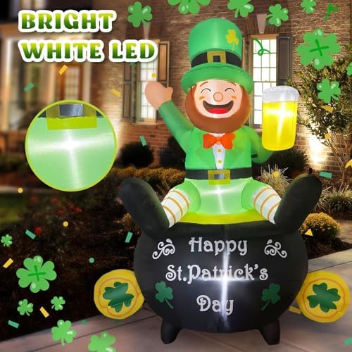 6FT St Patrick's Day Inflatables with LED Lights Outdoor Decoration Leprechaun Holding Beer in Pot Gold Shamrock Blow up Decor for Yard, Lawn, Garden Holiday Party Indoor Outside - Image 2