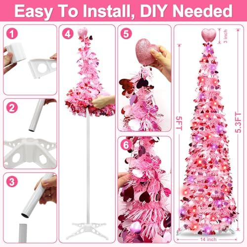 Valentines Day Decorations 5Ft Pink Valentines Christmas Tree with Lights Timer Battery Operated Pop Up Artificial Tree with Heart Ornaments, Heart Topper Decorations for Indoor Home Outdoor Office - Image 6
