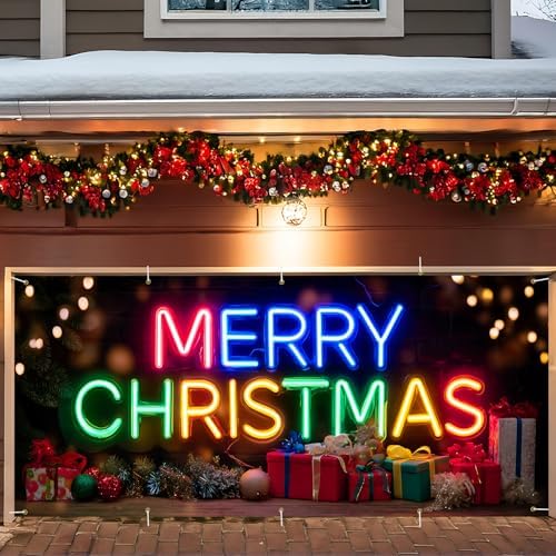 Colorful Neon Merry Christmas Garage Door Banner 7x16FT, Bright Holiday Sign for Xmas, Outdoor Decoration for Garage Doors, Large Garage Cover for Christma by ANNAQUEEN