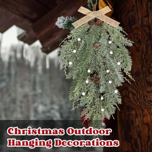 2 PCS 24" Christmas Swag Wreaths for Front Door Artificial Christmas Frosted Cedar Teardrop Swags Winter Wreath with Pine Cone for Kitchen Cabinet Farmhouse Home Window Wall Festival Decoration - Image 6