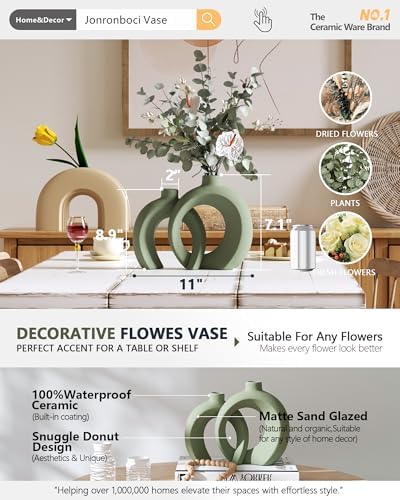 Set of 2 Sage Green Ceramic Vases for Home Decor Accents - Unique Hollow Donut Artistic Design Modern Boho Farmhouse Style Decorative Vases for Shelf, Mantel, Entryway Table Decor (Matte Green) - Image 2