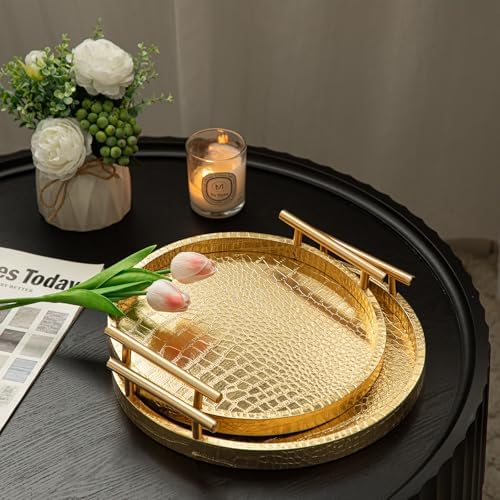 Modern Decorative Tray Set of 2, Wooden Round Crocodile Leather Tray with Polished Metal Handles, Decorative Serving Trays Coffee Table Trays Ottoman Platter for Home Decor (Golden) - Image 6