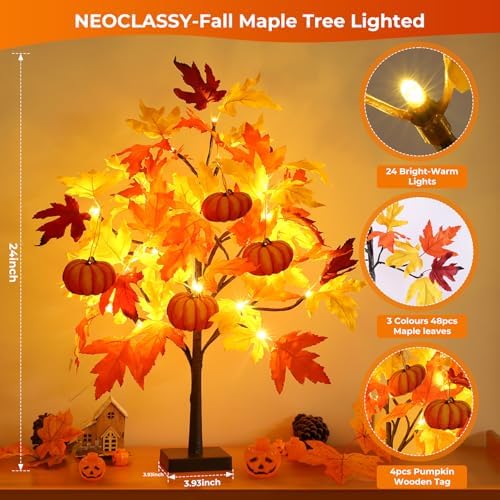 Fall Décor 2 Pack 24 Inch Fall Maple Tree with 48 LEDs Battery Operated Fall Lights with 8 PCS Pumpkin Wooden Hanging Ornaments Artificial Tree for Fall Thanksgiving Home Table Decorations - Image 4