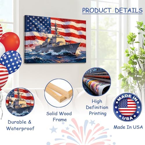 July 4th Patriotic Canvas Wall Art 4th of July USA Decorations American Flag Battleship Picture Wall Decor Independence Day Home Decor 24x32in - Image 4
