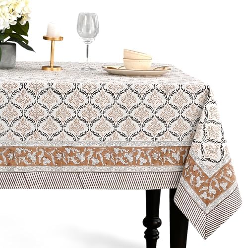 CPC Sandstone Regal Tablecloth 100% Cotton 72x140 Inch Indian Block Print Rectangle Table Cover, Table Cloth for Gifting in Weddings, Halloween, Fall, Christmas, Thanksgiving by COTTONPRINTCLUB