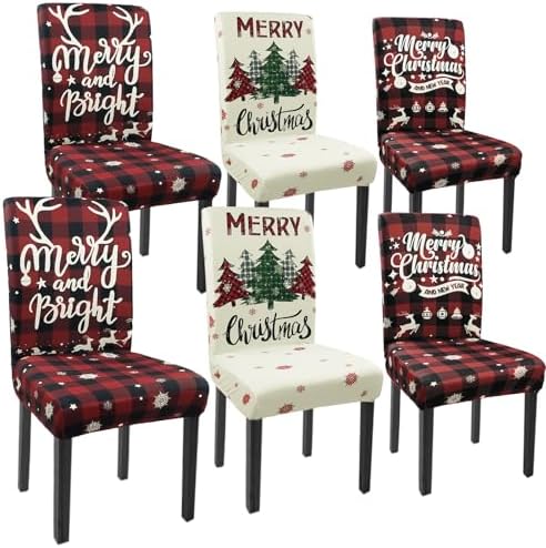 Christmas Chair Covers Set of 6 Xmas Tree Snowflakes Buffalo Plaid Stretch Parsons Chair Slipcovers for Winter Christmas Dining Room Decor Chair Seat Protectors(Christmas Red,6PCS) by Unknown