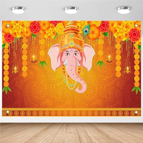 Avezano Indian Pooja Traditional Backdrop Indian Religious Festival Marigold Banner Orange Flower Marriage Hindu Curtain Bridal Shower Wedding Party Decorations Banner (8x6ft) by AVEZANO