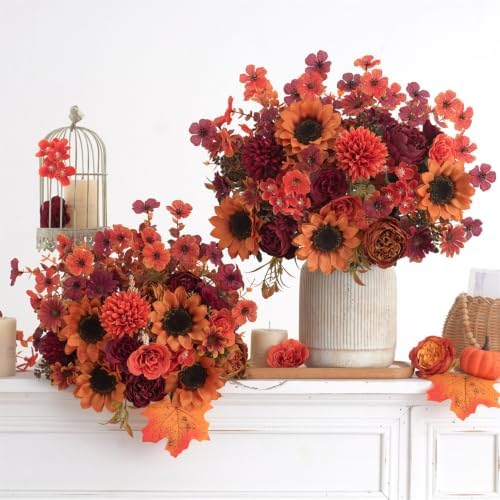 Mixed 10 Pcs Fall Artificial Sunflower Peony Bouquet, Burnt Orange Burgundy Silk Faux Flower, Autumn Faux Floral Arrangements for Wedding Table Centerpiece DIY Thanksgiving Farmhouse Outdoor Decor - Image 7
