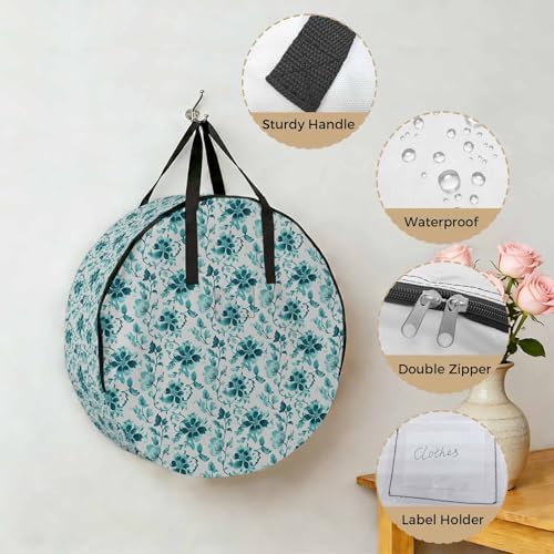30 Inch Round Storage Bag 2 Pack,Ombre Turquoise Wild Flower Waterproof Wreath Storage Container with Handles&Zipper Farmhouse Leaves Herb Closet Organizer Bags Garland Box - Image 5