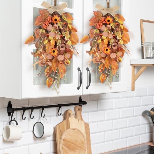 2 Pcs 24" Artificia Fall Swag for Front Door Autumn Teardrop Swag Harvest Sunflowers Pumpkins Leaves Berries Door Swag Hanging Flower Wreath for Window Wall Decor - Image 2