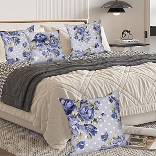 Blue Flower Throw Pillow Covers 26"x26" Set of 4, Retro Floral Decorative Pillowcases for Sofa Chair Couch Bed Living Room Office Car Garden Patio Farmhouse Indoor Outdoor - Image 3
