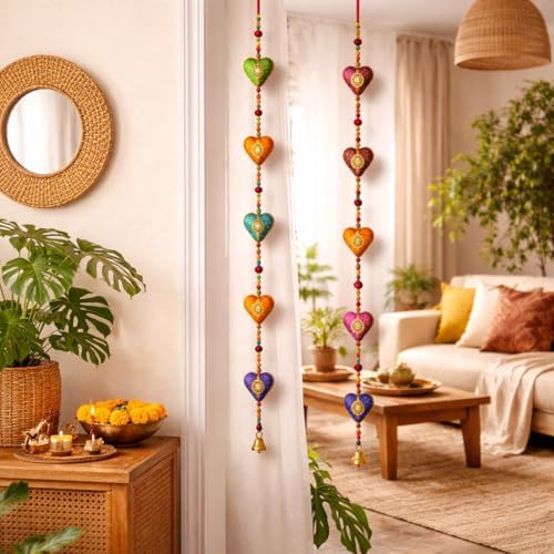 LOVENSPIRE Rajasthani Door Hanging Wind Chimes Indian Traditional Heart Wall Hanging Diwali Christmas Wedding Decor Wind Chime for Home Decoration Patio - Housewarming Gifts (5 Strings) - Image 3