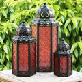Vela Lanterns Decorative Outdoor for Patio/Porch - Floor Moroccan Candle Holder Set of 3 - Turkish Lamps, Table Centerpieces, Hanging Outdoor Decor for Wedding, Ramadan (XL, Large, Small - Red Glass) by VelaCandleLanterns