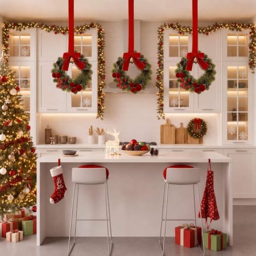 6 Pack Small Christmas Velvet Cabinets Wreaths with Ribbon Bell - Image 5