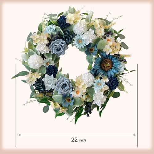 22" Spring Flower Wreath for Front Door Summer Wreaths with Sunflowers Roses Gardenias, Artificial Floral Green Foliage Wreath for Wall Window Farmhouse Party Holiday Home Decor（White Blue） - Image 3