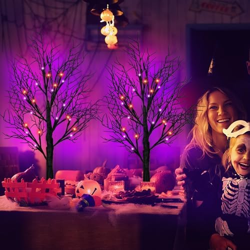 Halloween Decorations Indoor 2 Pack 24 Inch Black Halloween Tree with 48 Orange Purple Led Lights, Timer/USB/Battery Operated Lighted Tabletop Spooky Tree for Table Home Office Party Decor - Image 7