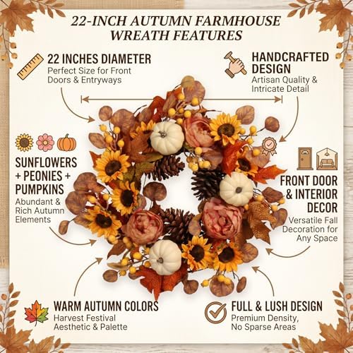 Artificial Fall Autumn Wreath 22 in with Sunflower,Peony,Pumpkin, Eucalyptus Leaf for Front Door Thanksgiving Wreaths Wall Window Harvest Festival Celebration - Image 4