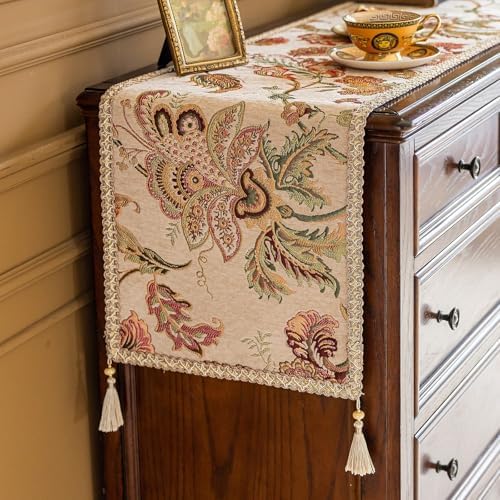 Floral Embroidered Dresser Runner 55x14 Inch Non-Slip Chenille, Beige by keemir