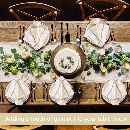VIJIV 12 Pack Bling Satin Cloth Napkins & Gold Napkin Rings Set of 6 White - Image 2