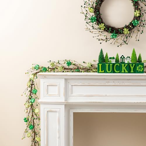 Glitzhome 6ft St. Patrick's Garland Decorations Shamrock Garland with Berry Picks for St. Patrick's Day Party Holiday Fireplace Mantel Front Door Table Decor - Image 4
