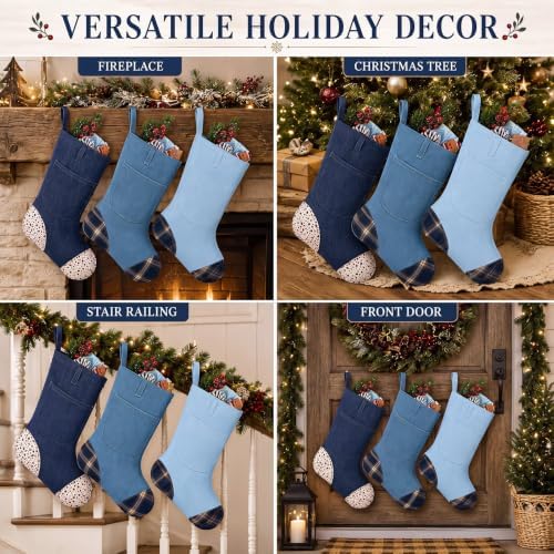 3 Pcs Denim Christmas Stockings Western Xmas Hanging Socks - Image 5