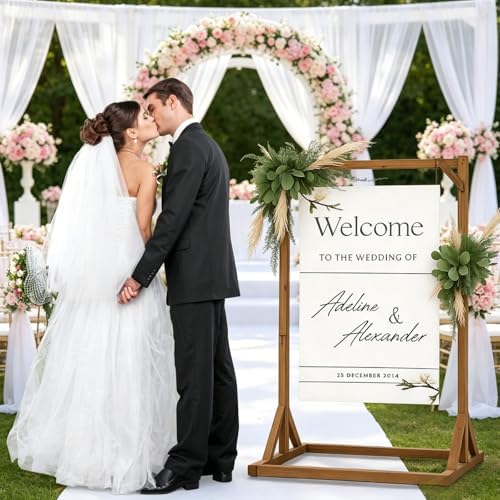 Wooden Welcome Sign Stand, Heavy Duty Adjustable Sign Holder Stand Wood Easel w/ Poster Design Templates for Wedding, Bridal Shower, Baby Shower, Birthday Party, 62" x 30" x 20" - Image 2