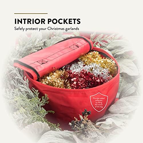 ZOBER Christmas Wreath Storage Container 36 Inch - Wreath Bag Fits 2 Wreaths Box - 600D Oxford Fabric - Interior Compartment for Storing Garlands, Wreaths Storage Bag W Strong Durable Handles - Red - Image 3