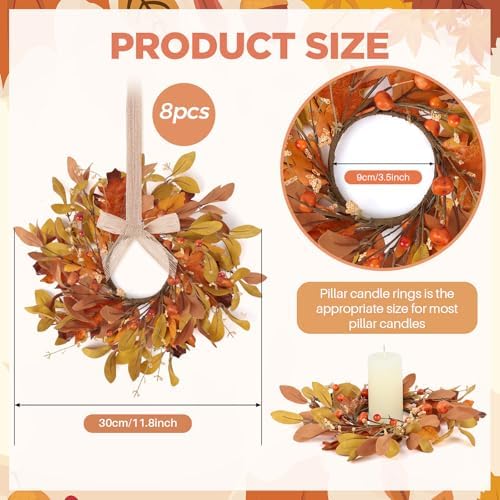 8 PCS 9" Mini Fall Wreaths for Kitchen Cabinets Fall Wreaths for Front Door Autumn Wreath with Golden Eucalyptus Leaves Oak Leaves with Ribbon for Farmhouse Home Wall Window Festival Wedding Decor - Image 3