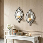2 Set Vintage Candle Wall Sconce for Home Decor Living Room Bedroom Office Wood Antique Mirrored Victorian Mounted Candlestick Wall Holder Relief Hanging Decor -Silver 11.8in by sxnzequnze