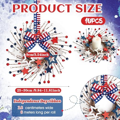 10 PCS Small Patriotic Wreath Mini 4th of July Wreaths for Kitchen Cabinets Farmhouse Red White Blue Candle Rings with Star Decor & Ribbon for Independence Day Kitchen Cabinet Window Wall Decor - Image 3