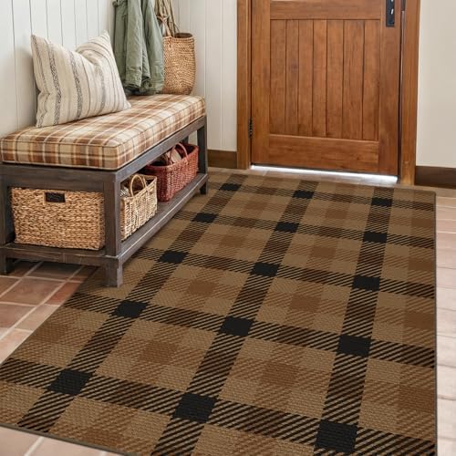 Brown and Black 4x6 Easy Jute Rug for Large Entryway - Neutral Dark Rug with Rubber Backing for Living Room, Checkered Decor for Entrance, Kitchen, Earthy & Coffee Rustic Accent by JTJ