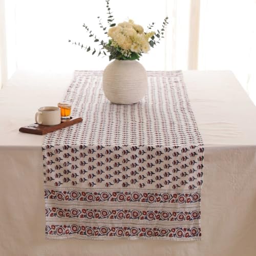 Hand Block Printed Cotton Table Runner, Machine Washable Cotton Runner, Boho Floral Centerpiece Accent for Dining Tables and Buffet Cabinets, 16x70 Inches - Blue & Red - Image 3