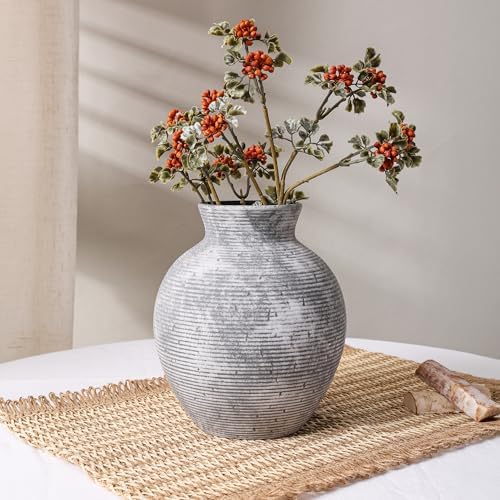 Ceramic Flower Vase Home Decor, 7.4 in Farmhouse Table Vases Retro Vintage Living Room Kitchen Bedroom Decoration Pottery Decorative Vases for Flowers House Shelf Office Desk Dining Entryway, Grey - Image 3