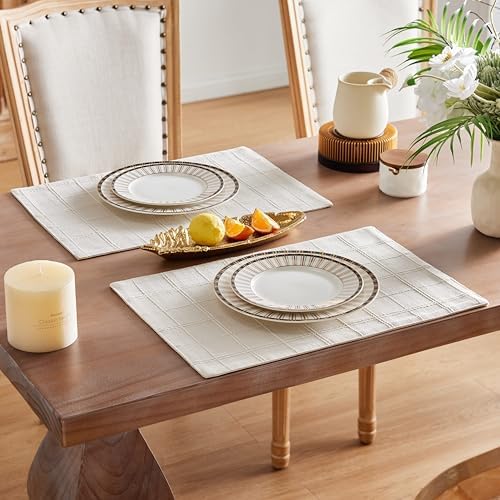 ZeeMart Linen Checked Farmhouse Placemats Set of 6, Ivory 13x19in - Image 4