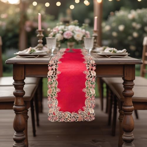 DECOZEN Gold Burgundy Lace Table Runner – Embroidered Table Runner, Dresser Decor Scarf for Holiday Tables Weddings Parties, Valentines Day Gifts Gift for Her Gift for Mom 14x108 Tarantino Collection - Image 4