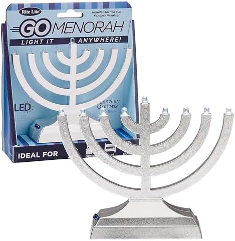 Rite Lite Go Mini Metallic Electric Menorah - LED Battery/USB Powered Chanukah Jewish Holiday - Office Car Home Decorations Judaica Hanukkah Gifts, Push Button Multi Light - Silver by RiteLite
