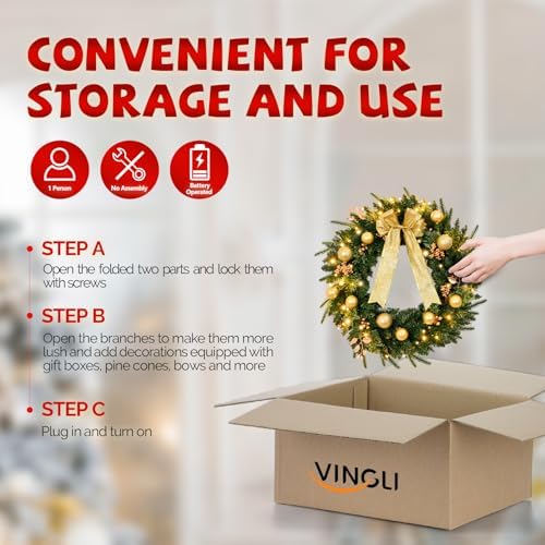 VINGLI 24" Battery Operated Christmas Wreath with 50 LED Lights - Image 5