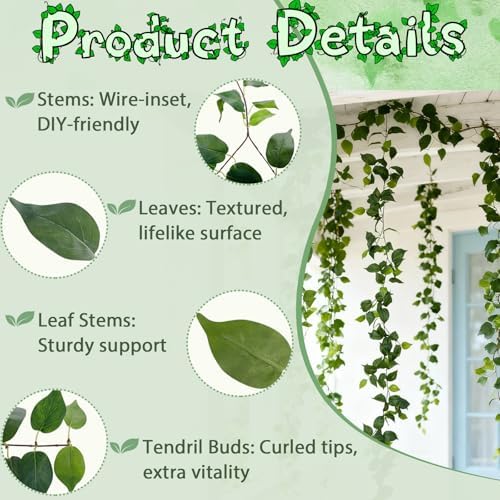 ucky 4Pack Total 24FT Green Fake Vines Ivy Leaves Vines for Bedroom Greenery Garland Fake Leaves Leaf Wall Decor Faux Hanging Vines Plants Outdoor Garland - Image 3