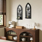 ZEXUIRU 2 Set Rustic Candle Sconces Living Room Bedroom Entryway Wood Mirrored, Farmhouse, Carved Frame Wall-Mount Wooden Candle Holders Wall Decor Hanging Handmade Holder - Black - Image 2