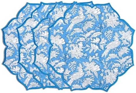 CPC Blue Sapphire Block Print Cotton Floral Placemat 15x15 Inch, Set of 4 by COTTONPRINTCLUB